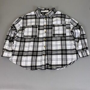 No Comment Flannel Shirt Women's Plus 2X Plaid Button Down Shirt Black White Tan
